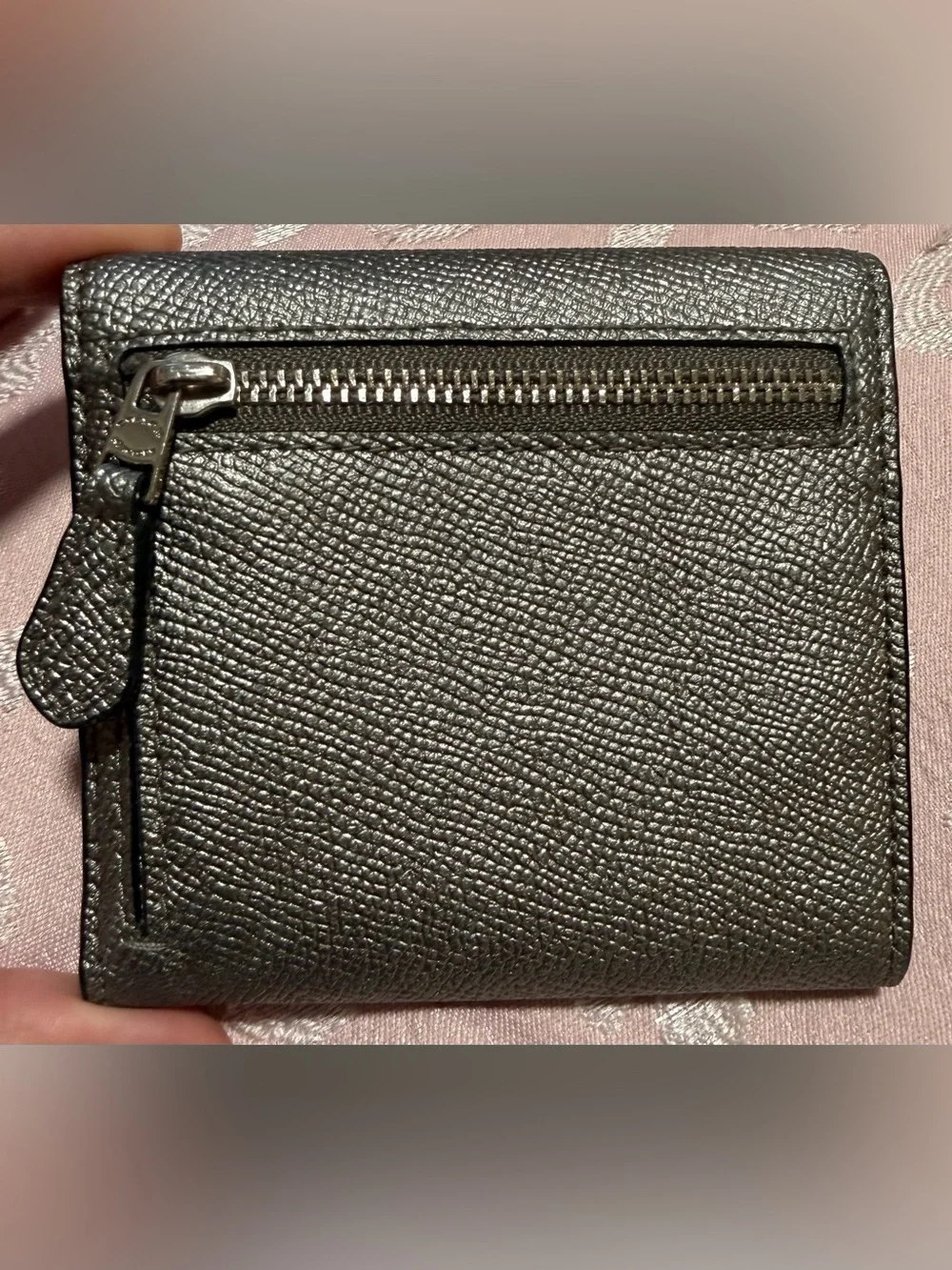 Coach Metallic Pewter Leather Textured Tri Fold Wallet